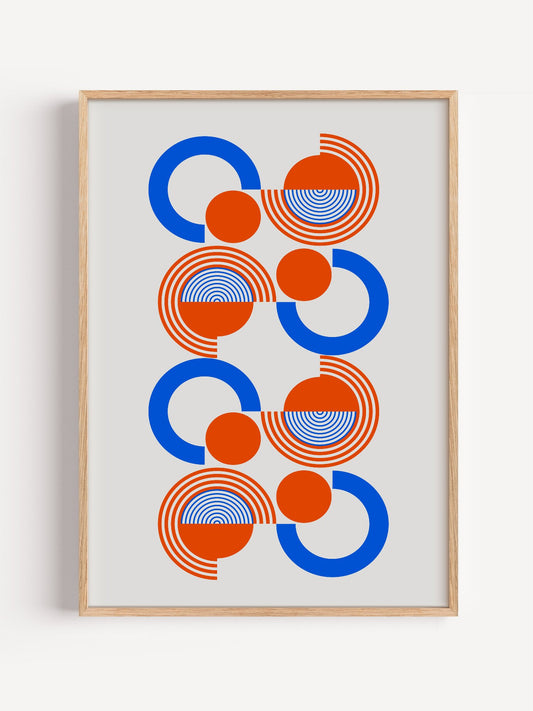 Abstract Bauhaus wall art print with interlocking blue and orange concentric, close-up showing print texture and color detail