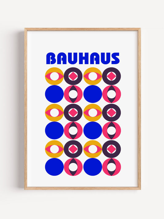 Bauhaus poster with geometric grid of colourful circles in blue pink yellow and, close-up showing print texture and color ...
