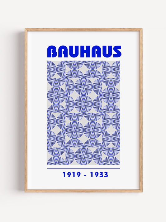 Bauhaus poster with bold blue typography and concentric circle grid pattern, close-up showing print texture and color detail