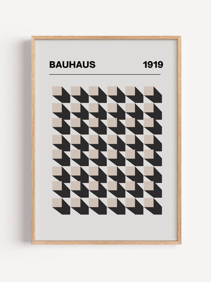 Bauhaus 1919 poster featuring grid of black and beige isometric cubes in, close-up showing print texture and color detail