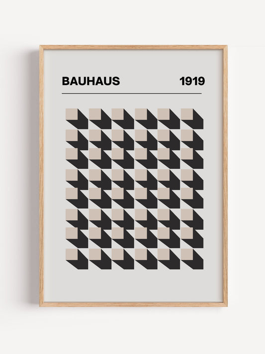 Bauhaus 1919 poster featuring grid of black and beige isometric cubes in, close-up showing print texture and color detail