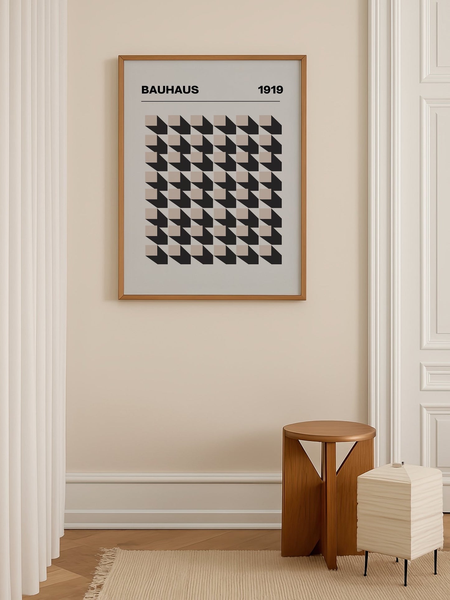 Bauhaus 1919 poster featuring grid of black and beige isometric cubes in, shown in minimalist home office space
