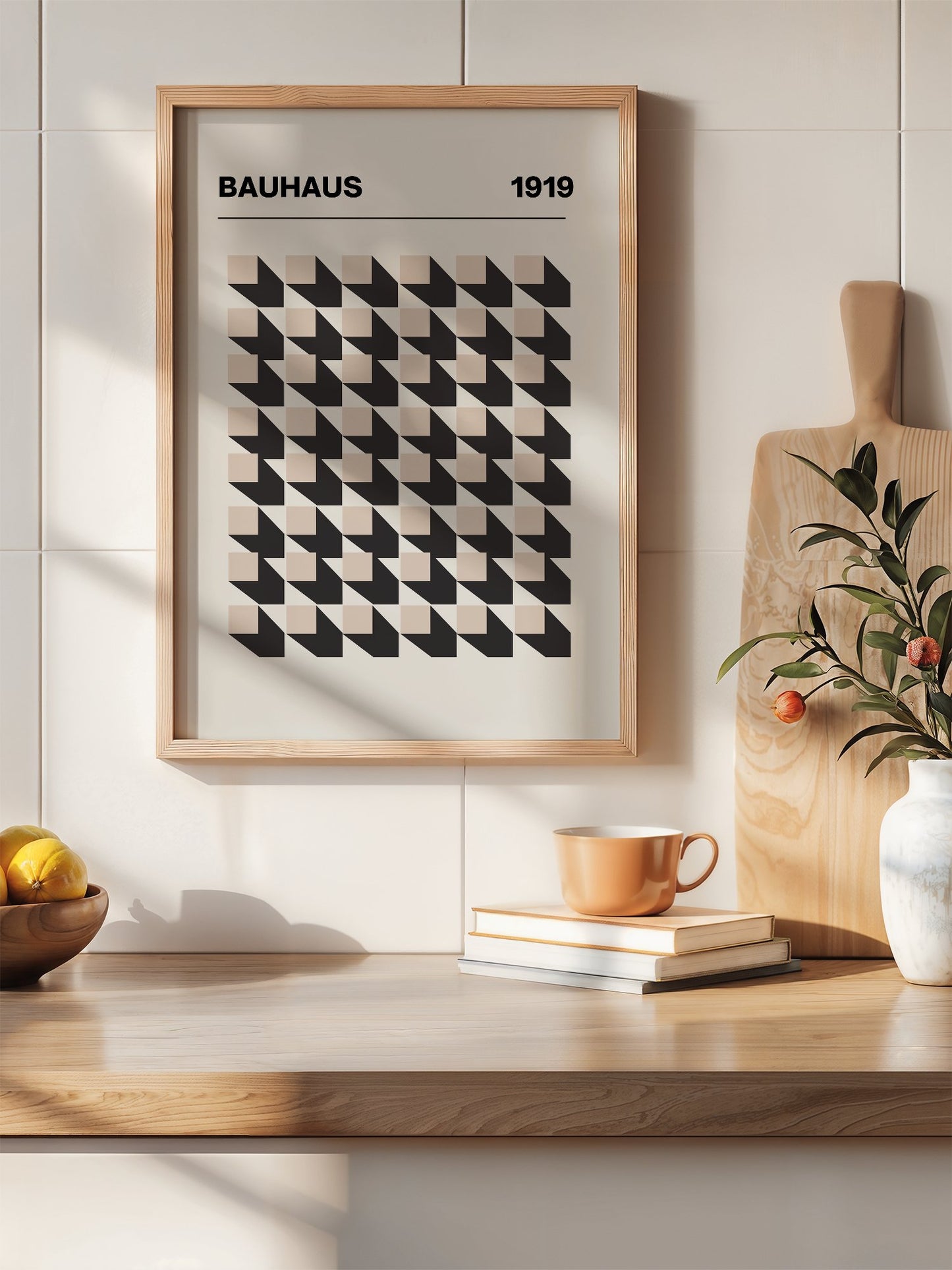 Bauhaus 1919 poster featuring grid of black and beige isometric cubes in, hanging in contemporary bedroom interior