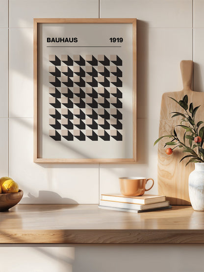 Bauhaus 1919 poster featuring grid of black and beige isometric cubes in, hanging in contemporary bedroom interior