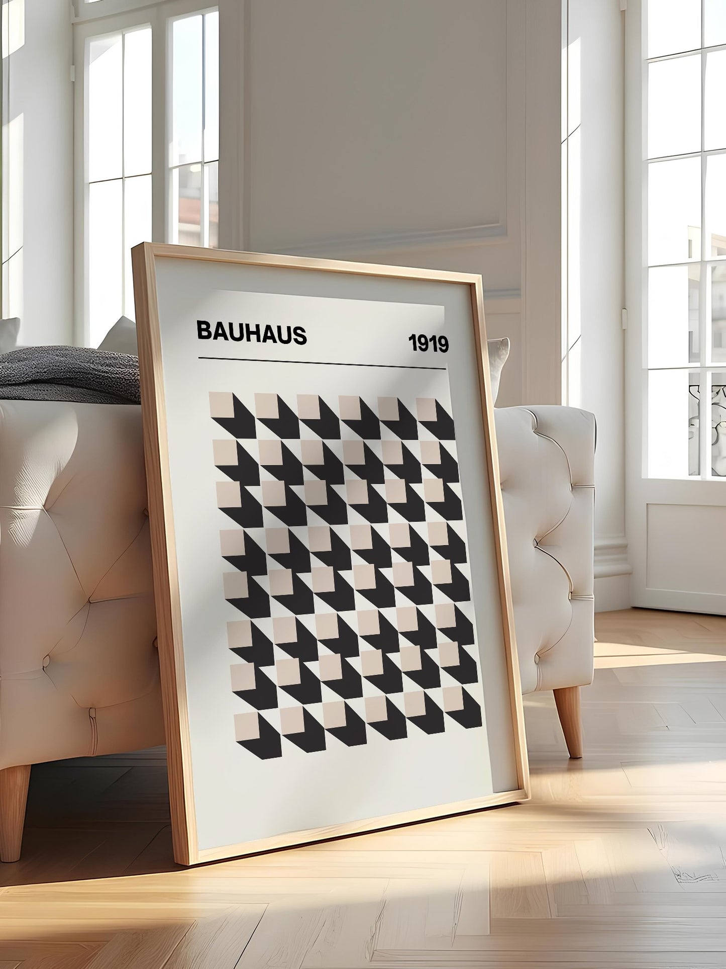 Bauhaus 1919 poster featuring grid of black and beige isometric cubes in, featured in stylish apartment decor