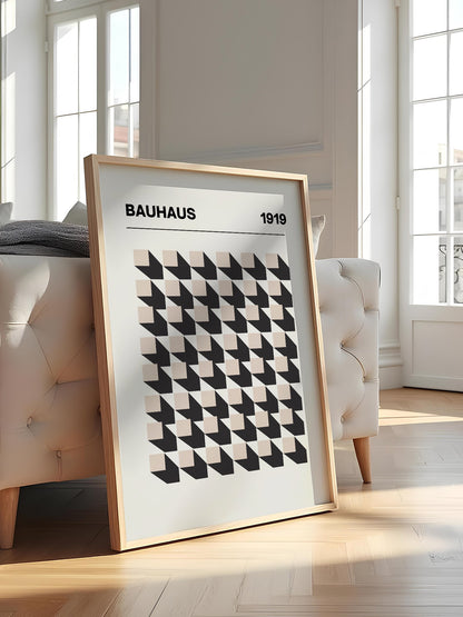Bauhaus 1919 poster featuring grid of black and beige isometric cubes in, featured in stylish apartment decor