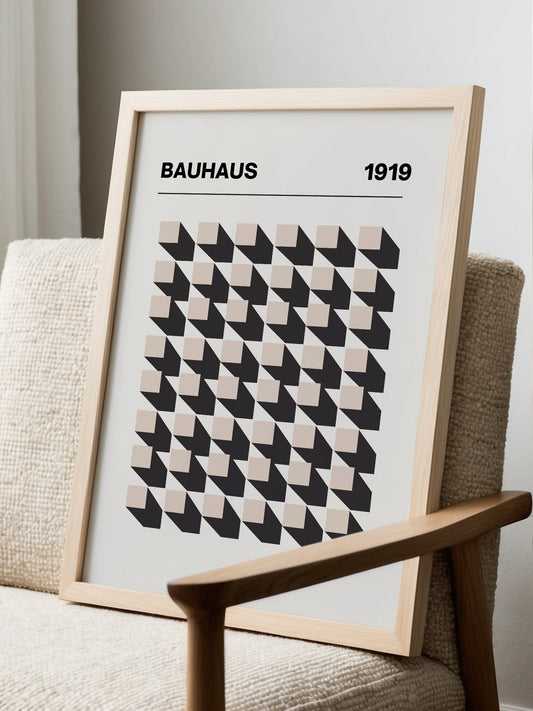 Bauhaus 1919 poster featuring grid of black and beige isometric cubes in, displayed in modern living room setting