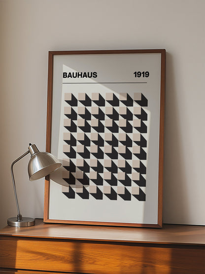 Bauhaus 1919 poster featuring grid of black and beige isometric cubes in, displayed in modern living room setting
