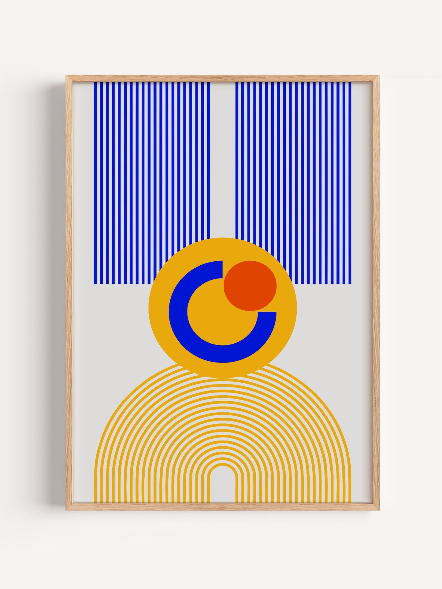 Bauhaus geometric abstract figure with concentric yellow stripes, blue crescent, close-up showing print texture and color ...