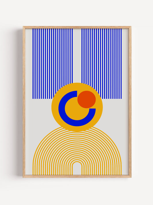 Bauhaus geometric abstract figure with concentric yellow stripes, blue crescent, close-up showing print texture and color ...