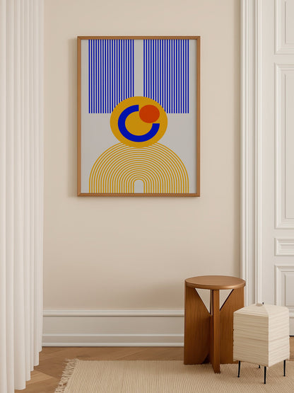 Bauhaus geometric abstract figure with concentric yellow stripes, blue crescent, shown in minimalist home office space