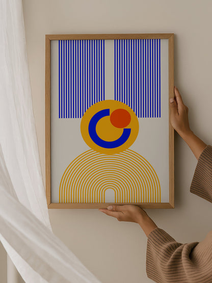 Bauhaus geometric abstract figure with concentric yellow stripes, blue crescent, hanging in contemporary bedroom interior