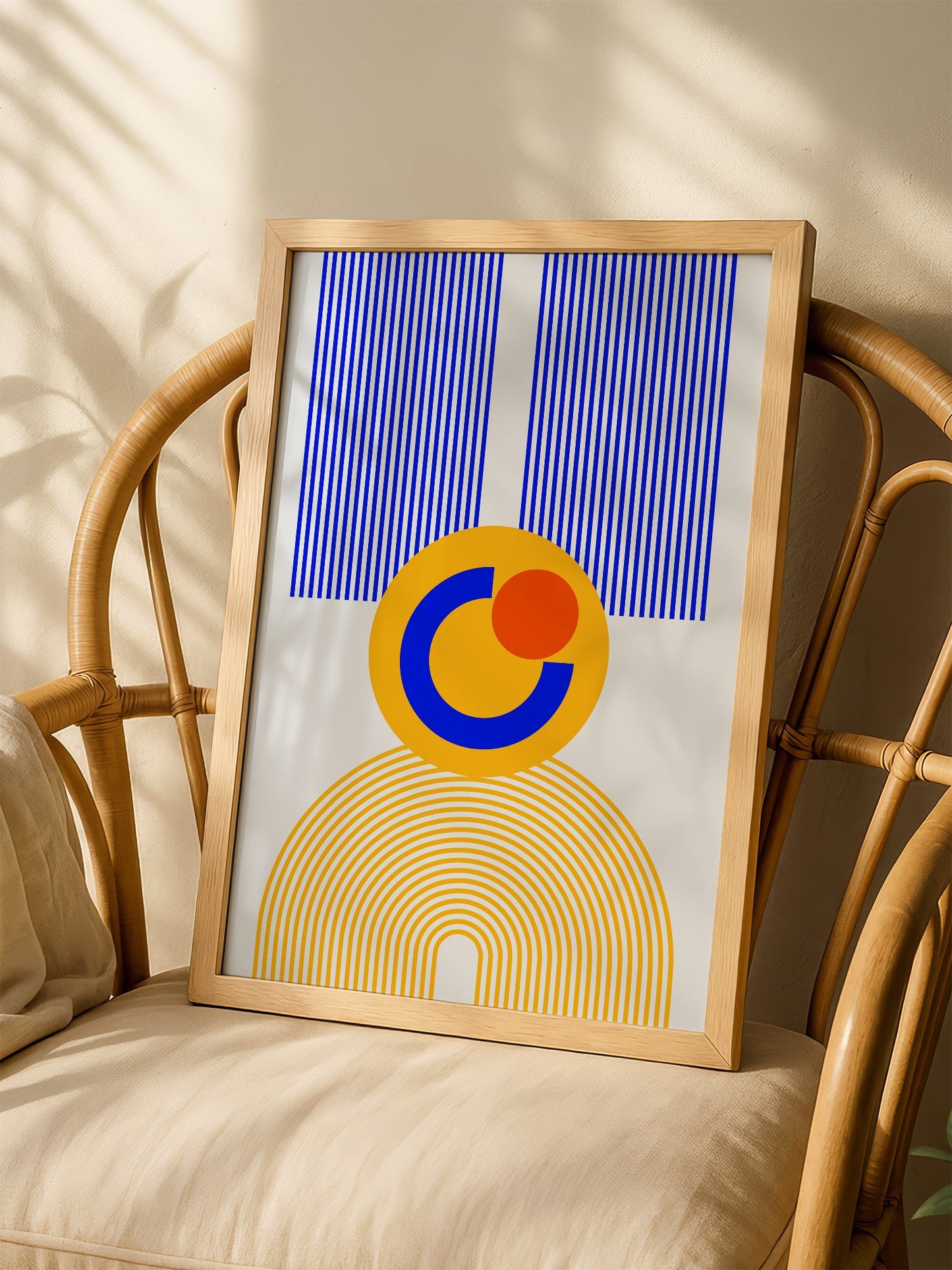 Bauhaus geometric abstract figure with concentric yellow stripes, blue crescent, shown in minimalist home office space