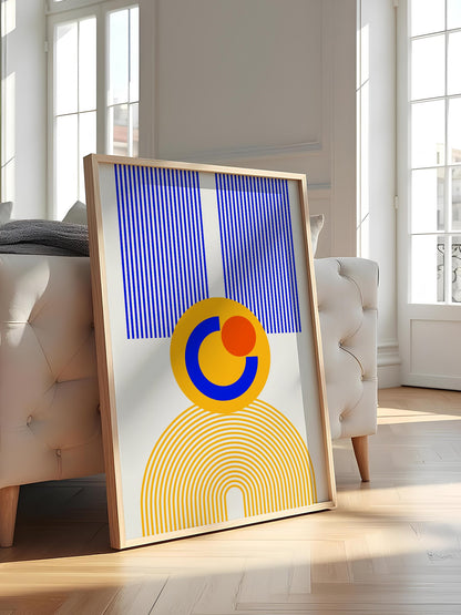 Bauhaus geometric abstract figure with concentric yellow stripes, blue crescent, featured in stylish apartment decor