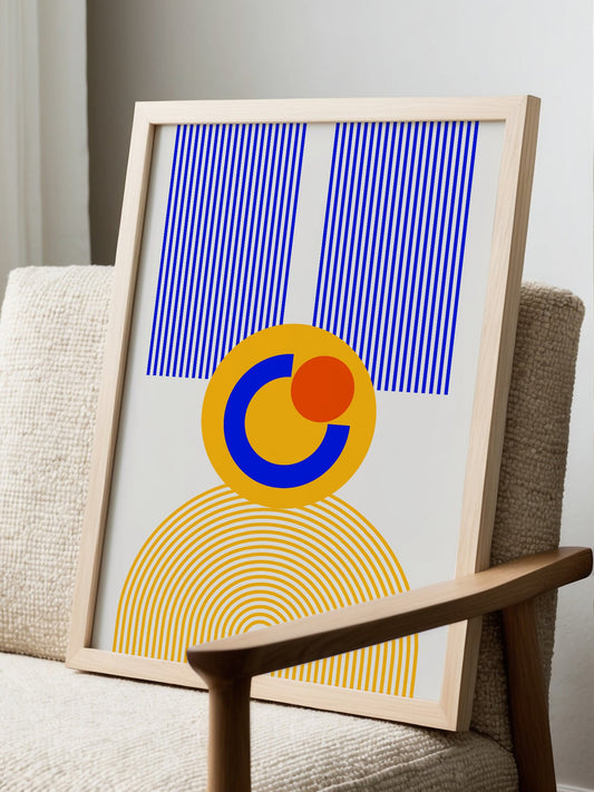 Bauhaus geometric abstract figure with concentric yellow stripes, blue crescent, displayed in modern living room setting