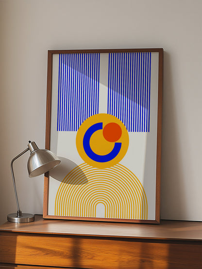 Bauhaus geometric abstract figure with concentric yellow stripes, blue crescent, displayed in modern living room setting