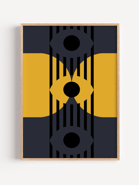 Geometric abstract wall art with two interlocking gear shapes in yellow and, close-up showing print texture and color detail