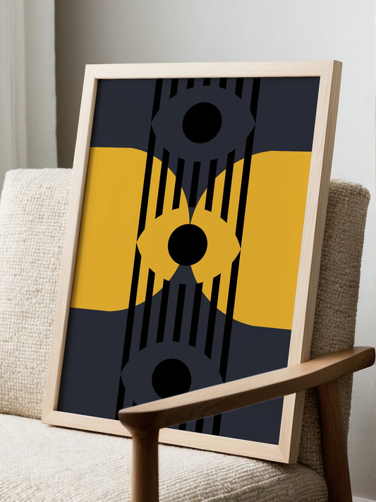 Geometric abstract wall art with two interlocking gear shapes in yellow and, displayed in modern living room setting