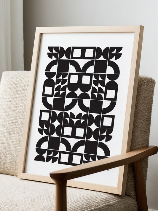 Bauhaus geometric wall art print featuring black and white modular grid pattern, displayed in modern living room setting
