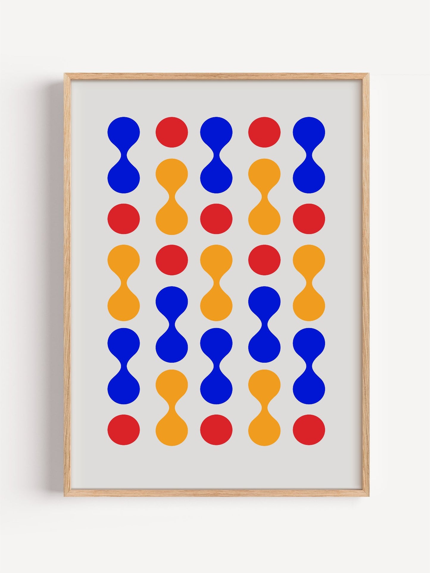Bauhaus geometric wall art print featuring blue hourglass shapes and red orange, close-up showing print texture and color ...