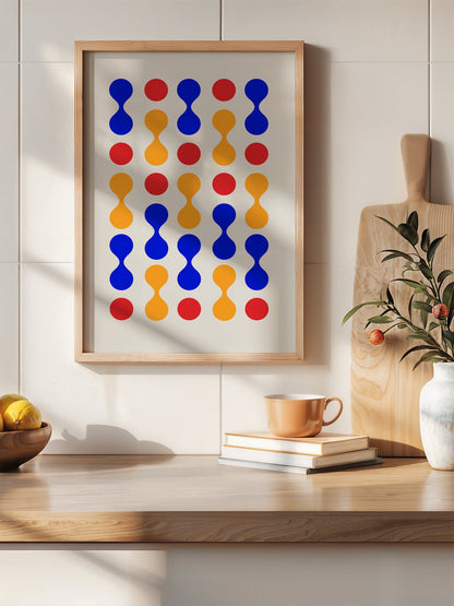 Bauhaus geometric wall art print featuring blue hourglass shapes and red orange, hanging in contemporary bedroom interior