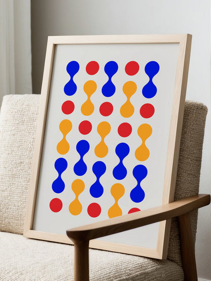 Bauhaus geometric wall art print featuring blue hourglass shapes and red orange, displayed in modern living room setting