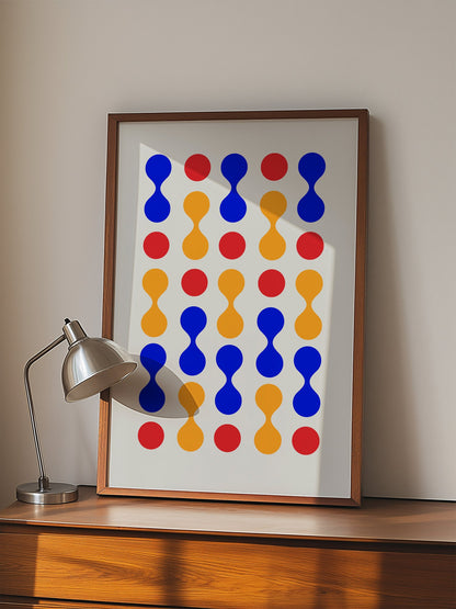 Bauhaus geometric wall art print featuring blue hourglass shapes and red orange, displayed in modern living room setting