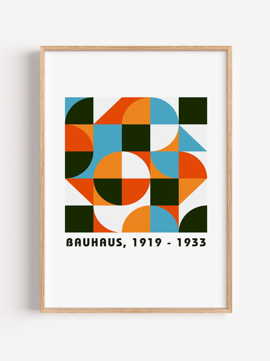Bauhaus geometric wall art print featuring grid of overlapping circles in, close-up showing print texture and color detail