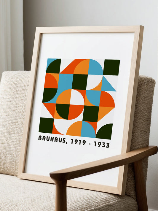 Bauhaus geometric wall art print featuring grid of overlapping circles in, displayed in modern living room setting