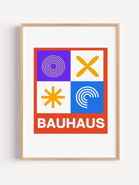 Bauhaus poster with geometric grid design featuring concentric circles, close-up showing print texture and color detail