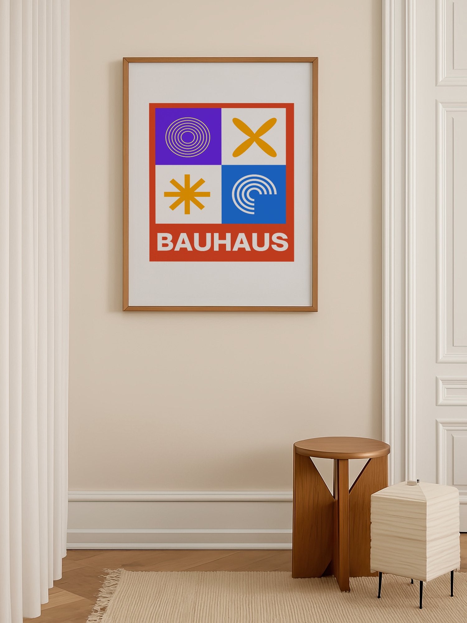 Bauhaus poster with geometric grid design featuring concentric circles, shown in minimalist home office space