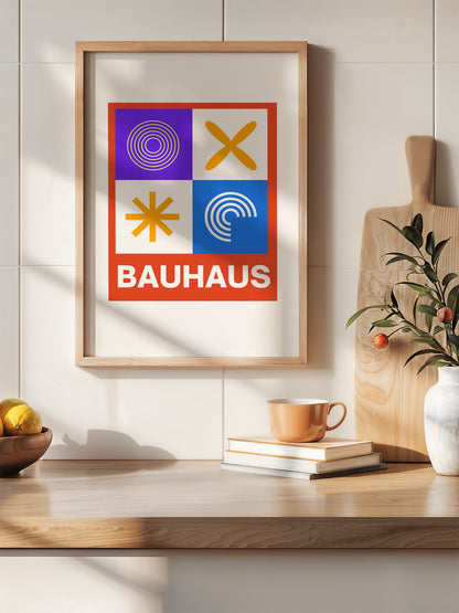Bauhaus poster with geometric grid design featuring concentric circles, hanging in contemporary bedroom interior