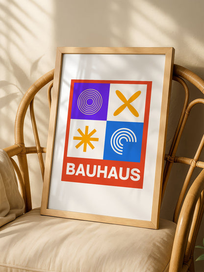 Bauhaus poster with geometric grid design featuring concentric circles, shown in minimalist home office space
