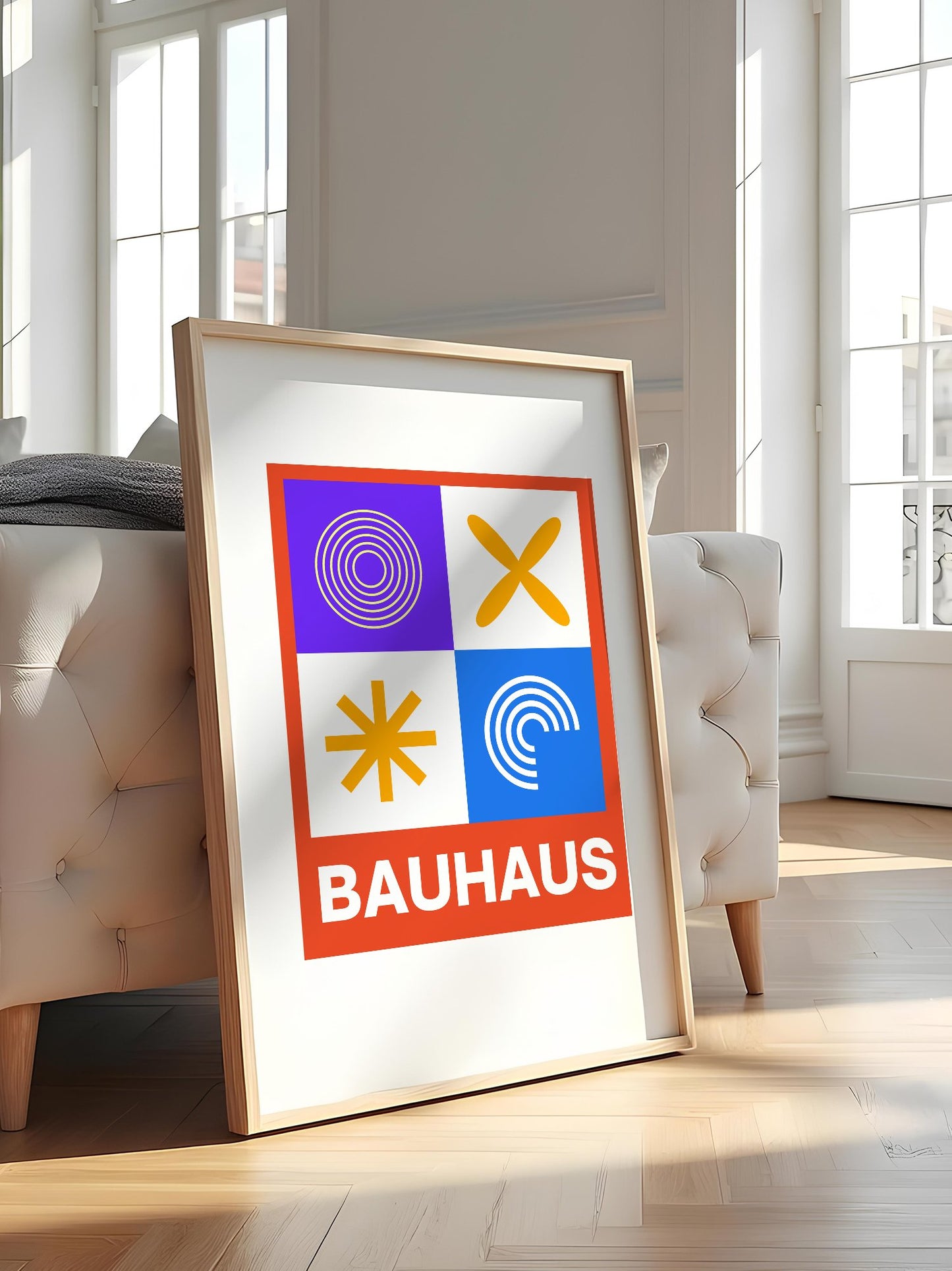 Bauhaus poster with geometric grid design featuring concentric circles, featured in stylish apartment decor