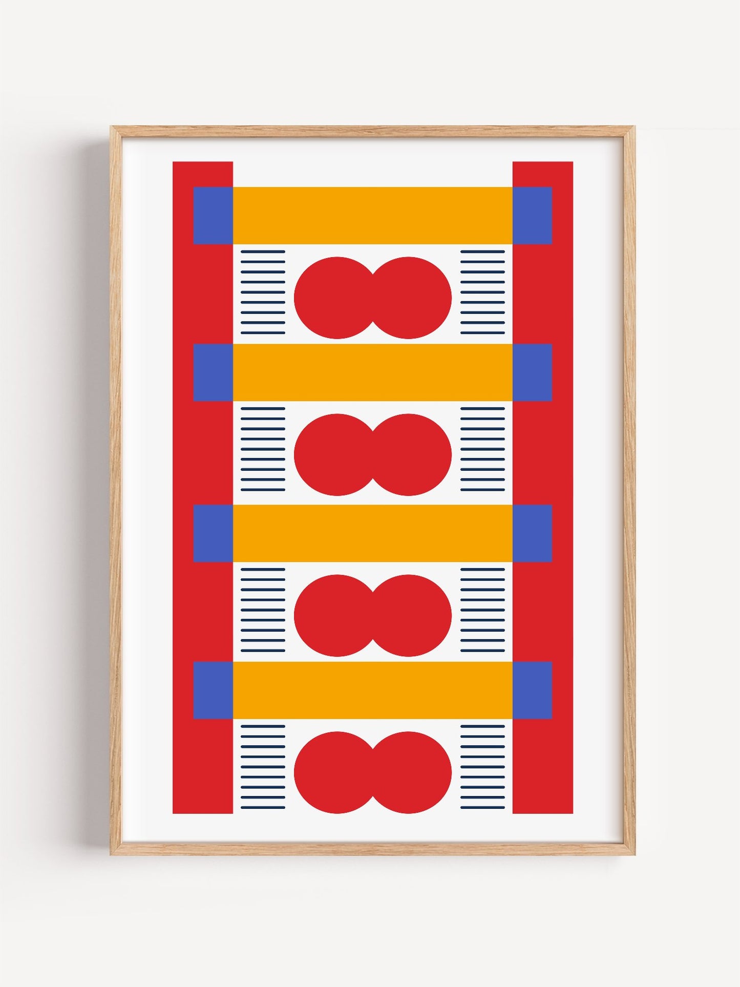 Bauhaus geometric wall art with red infinity symbols, yellow bands, and blue, close-up showing print texture and color detail