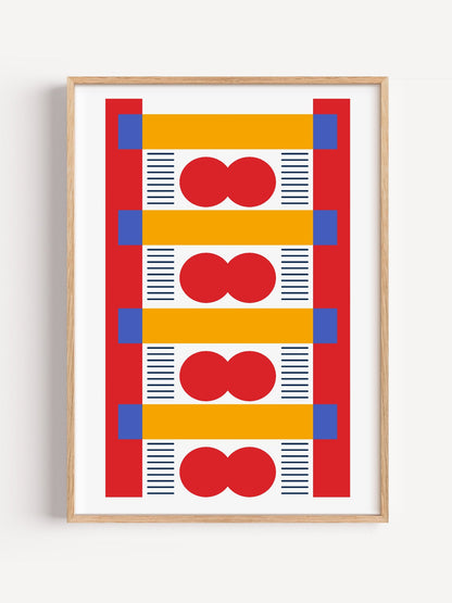 Bauhaus geometric wall art with red infinity symbols, yellow bands, and blue, close-up showing print texture and color detail