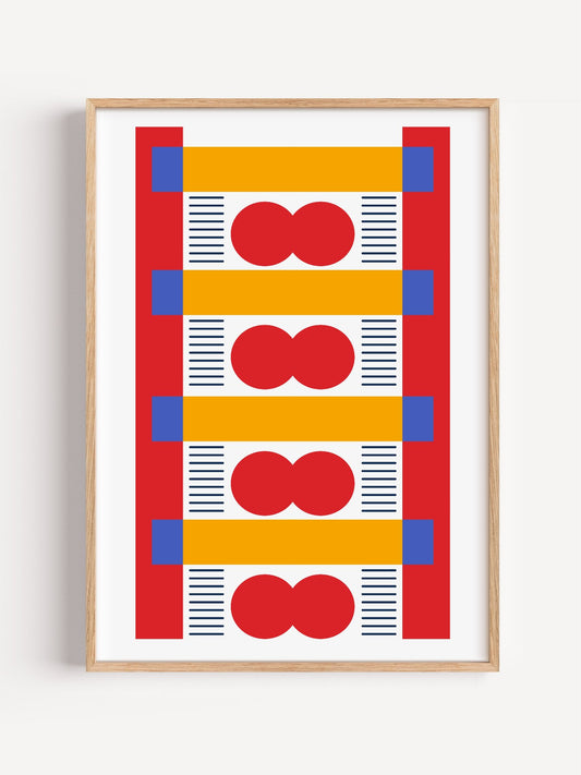 Bauhaus geometric wall art with red infinity symbols, yellow bands, and blue, close-up showing print texture and color detail