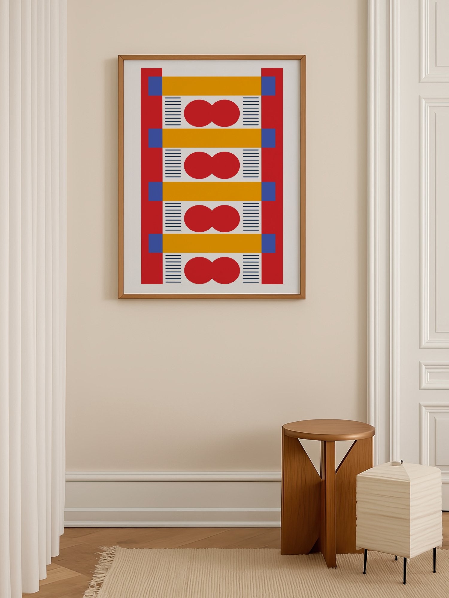 Bauhaus geometric wall art with red infinity symbols, yellow bands, and blue, shown in minimalist home office space