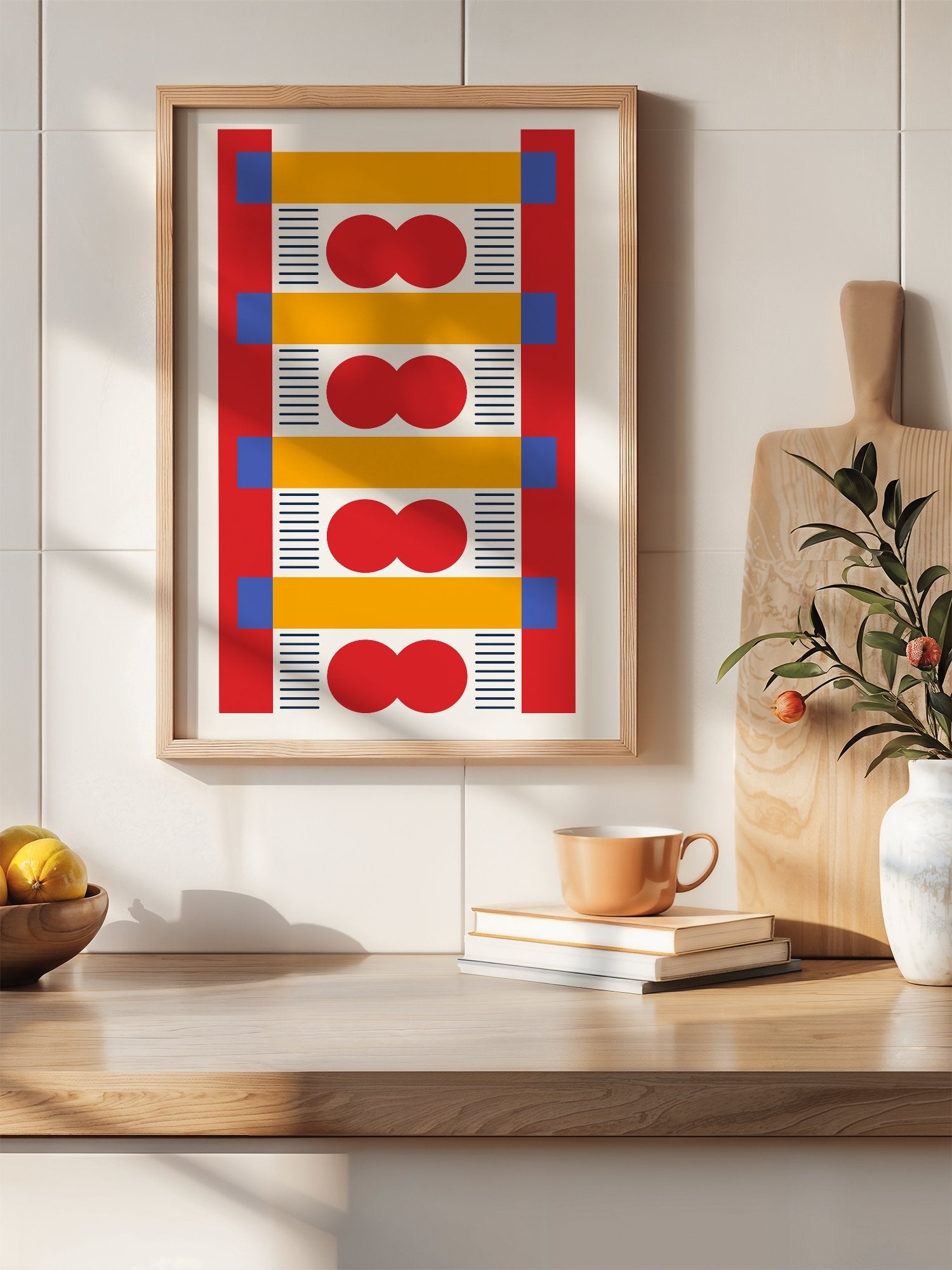 Bauhaus geometric wall art with red infinity symbols, yellow bands, and blue, hanging in contemporary bedroom interior