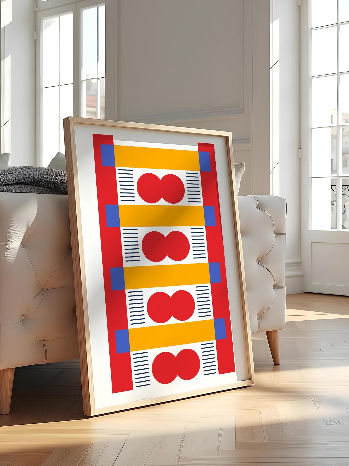 Bauhaus geometric wall art with red infinity symbols, yellow bands, and blue, featured in stylish apartment decor