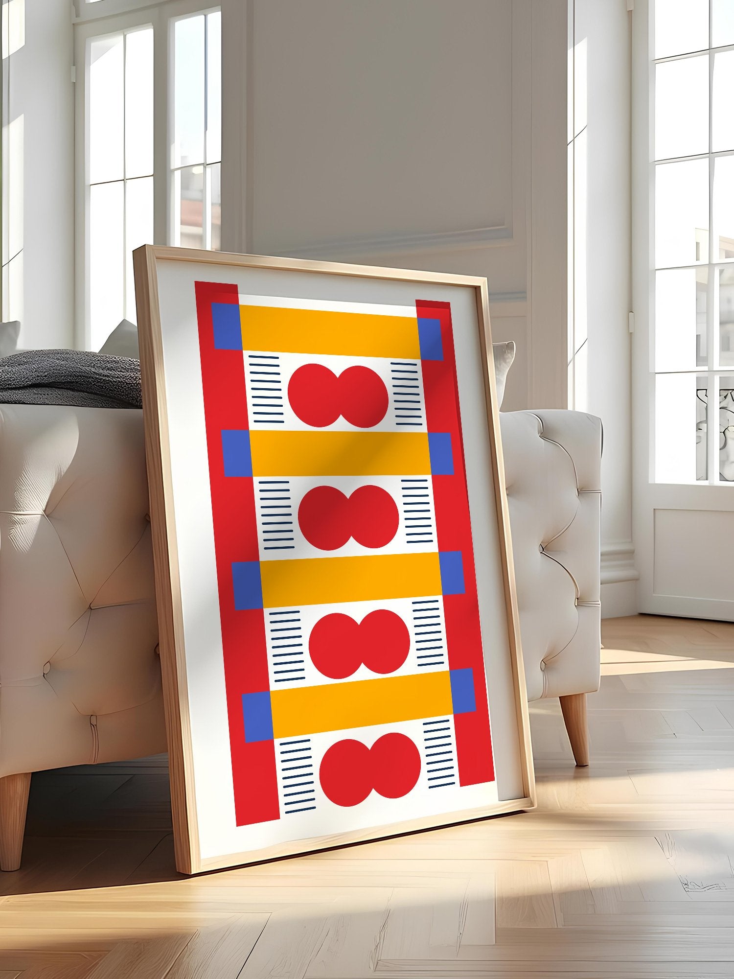 Bauhaus geometric wall art with red infinity symbols, yellow bands, and blue, featured in stylish apartment decor