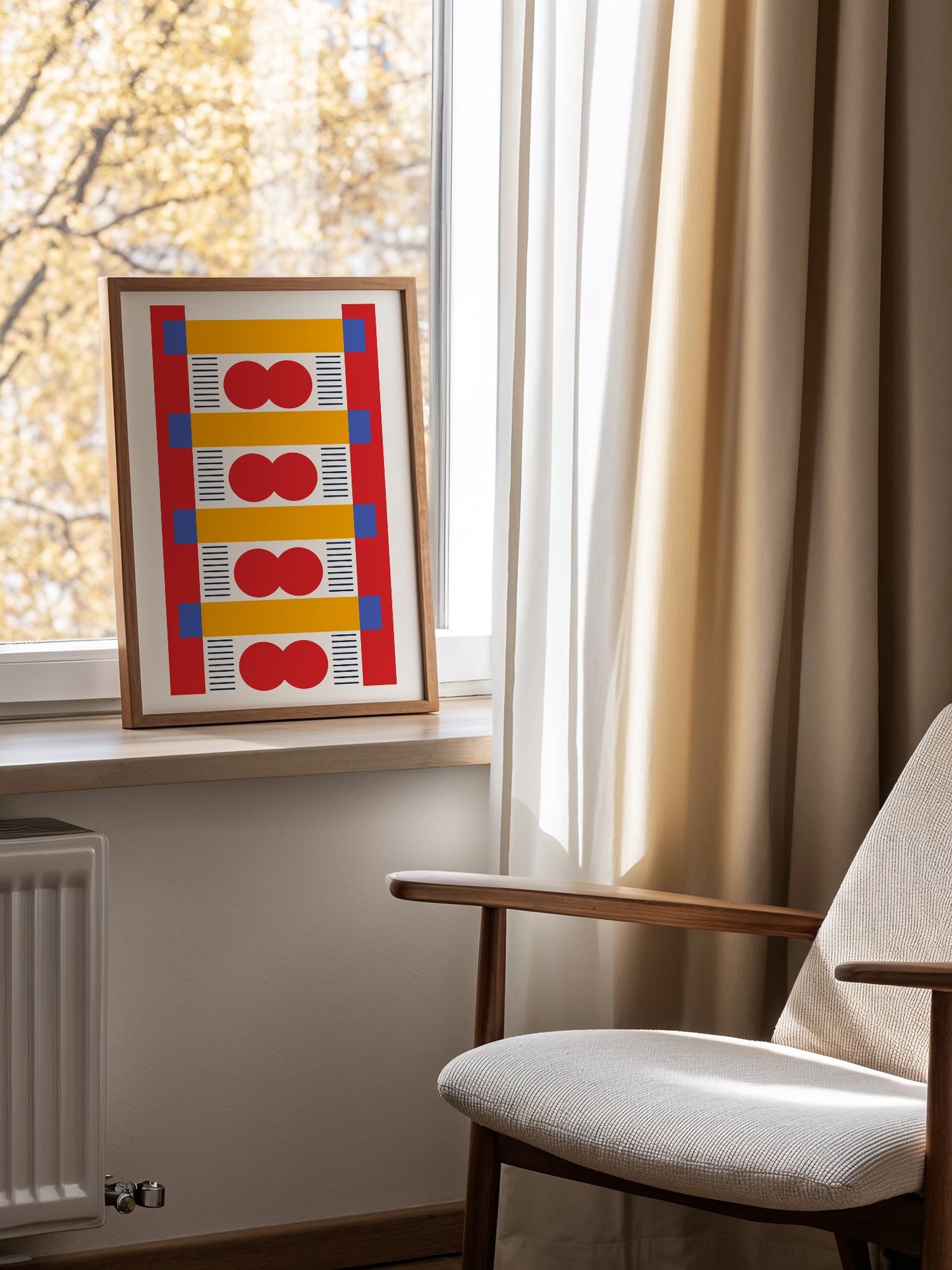 Bauhaus geometric wall art with red infinity symbols, yellow bands, and blue, mounted in bright gallery wall arrangement