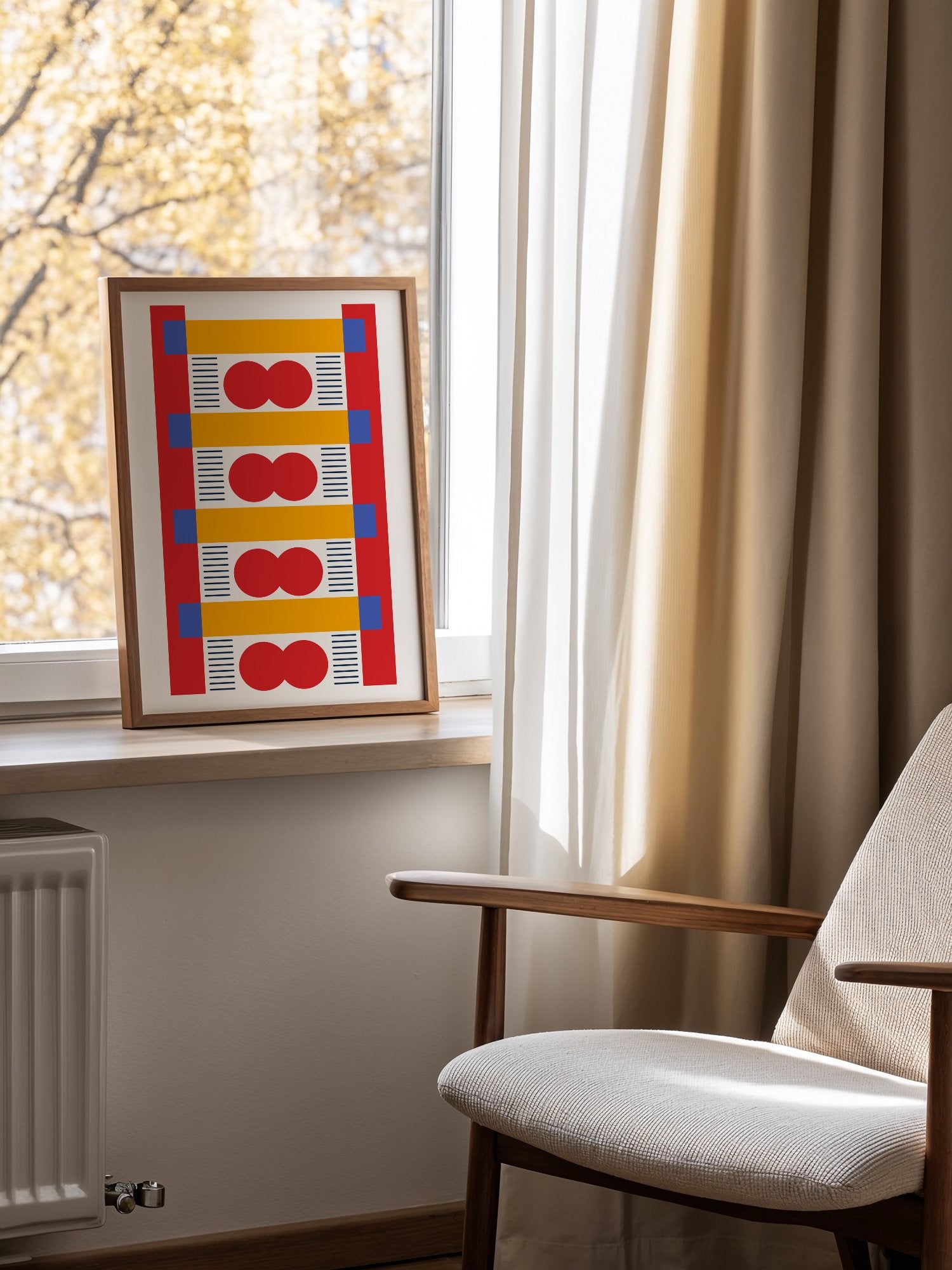 Bauhaus geometric wall art with red infinity symbols, yellow bands, and blue, mounted in bright gallery wall arrangement