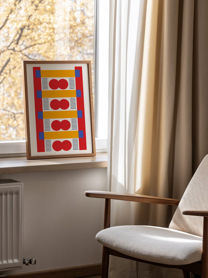 Bauhaus geometric wall art with red infinity symbols, yellow bands, and blue, mounted in bright gallery wall arrangement