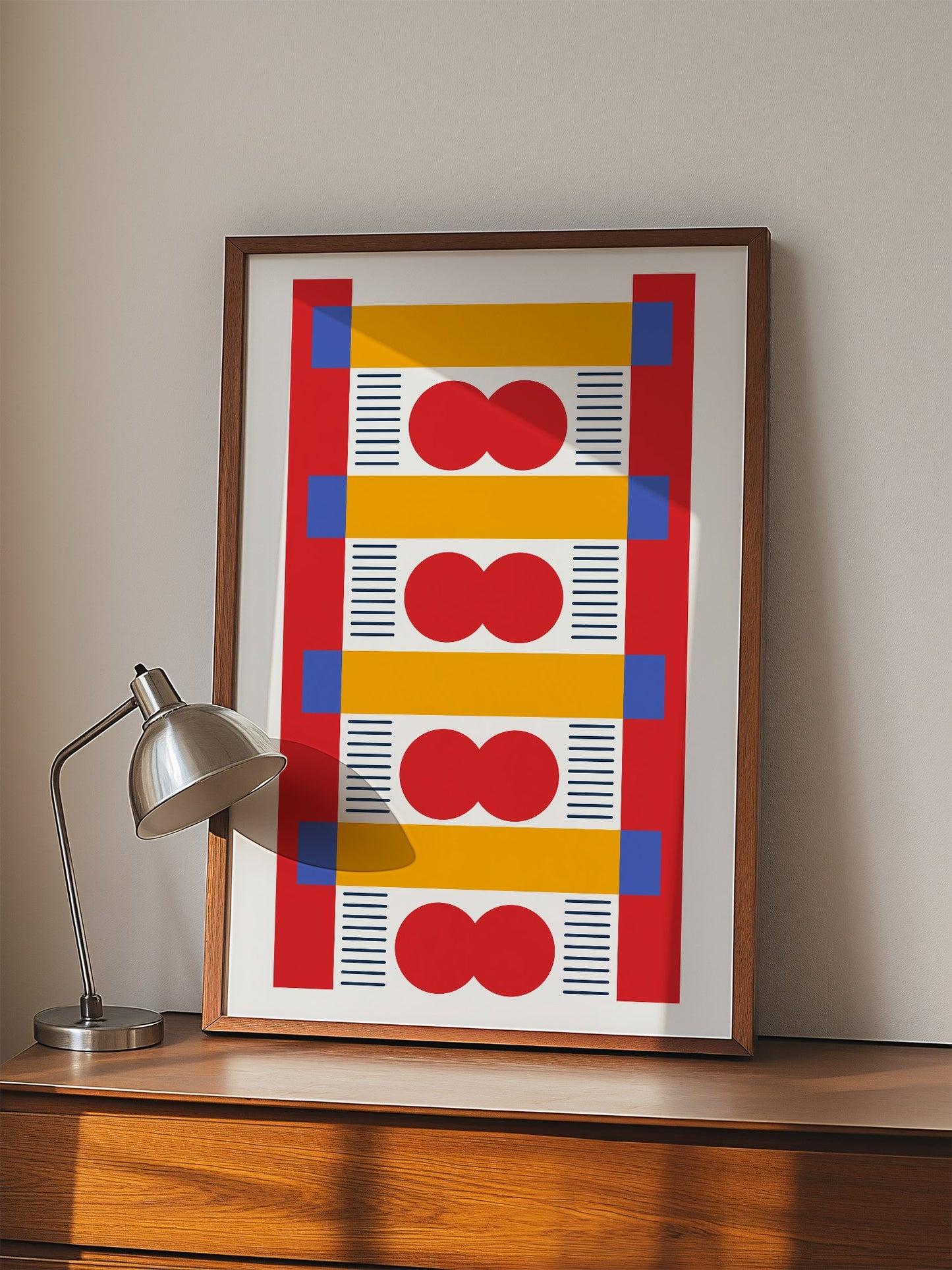 Bauhaus geometric wall art with red infinity symbols, yellow bands, and blue, displayed in modern living room setting