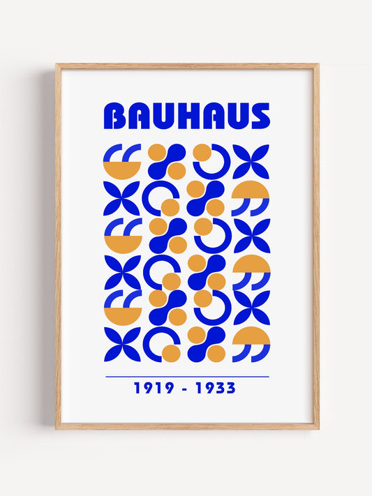 Bauhaus geometric poster with blue and gold arcs and semicircles in grid, close-up showing print texture and color detail