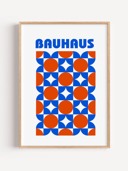 Bauhaus geometric poster with blue and orange quarter-circles in symmetrical, close-up showing print texture and color detail