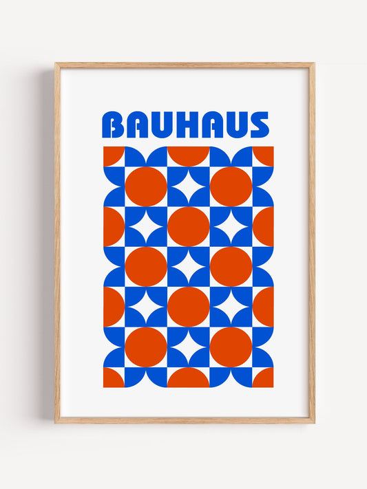 Bauhaus geometric poster with blue and orange quarter-circles in symmetrical, close-up showing print texture and color detail