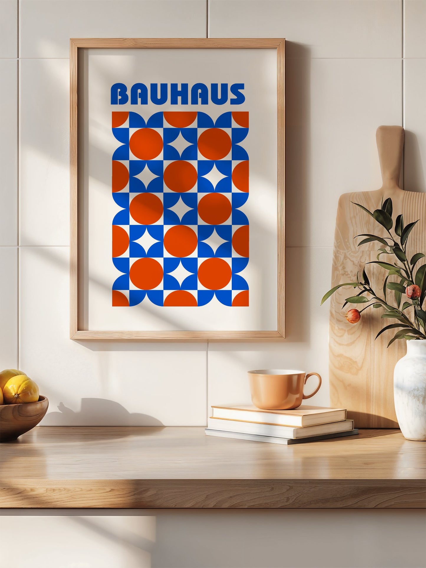 Bauhaus geometric poster with blue and orange quarter-circles in symmetrical, hanging in contemporary bedroom interior