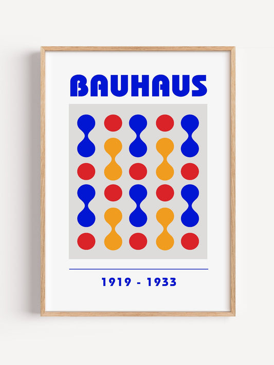 Bauhaus geometric poster featuring 5x5 grid of blue, red and yellow circles, close-up showing print texture and color detail